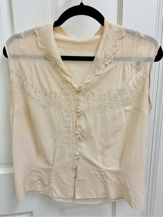 Antique Tops - 1940’s Vintage Cream Eyelet Lace Sleeveless Blouse Cottagecore Romantic - S